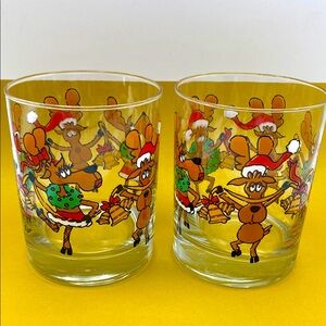 Vintage Rare Christmas Moose Glasses Set Whimsical 1980-1989